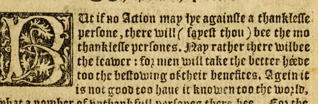 An illustration from The woorke of the excellent philosopher Lucius Annaeus Seneca concerning benefyting : that is too say the dooing, receyuing, and requyting of good turnes, 1578, leaf 83