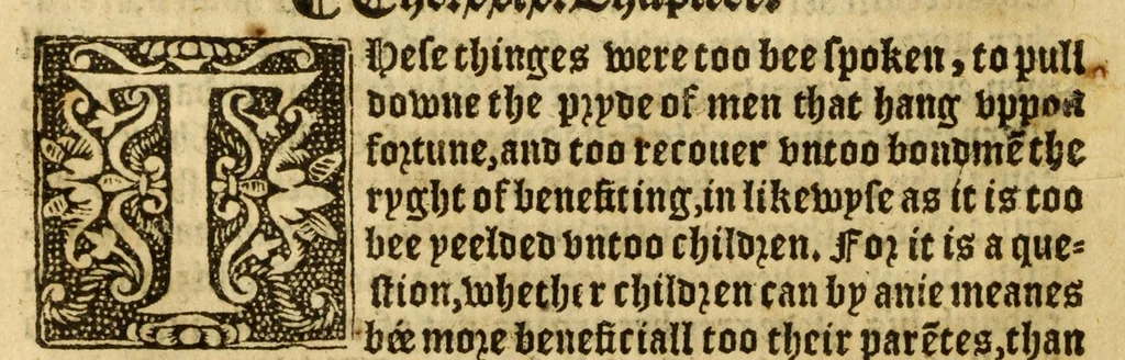 An illustration from The woorke of the excellent philosopher Lucius Annaeus Seneca concerning benefyting : that is too say the dooing, receyuing, and requyting of good turnes, 1578, leaf 94