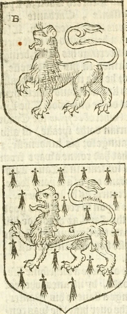 An illustration from Workes of armorie : deuyded into three bookes, entituled, the Concordes of armorie, the Armorie of honor, and of Coates and creastes, 1572, leaf 100