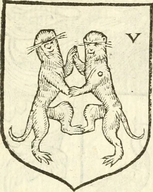 An illustration from Workes of armorie : deuyded into three bookes, entituled, the Concordes of armorie, the Armorie of honor, and of Coates and creastes, 1572, leaf 108