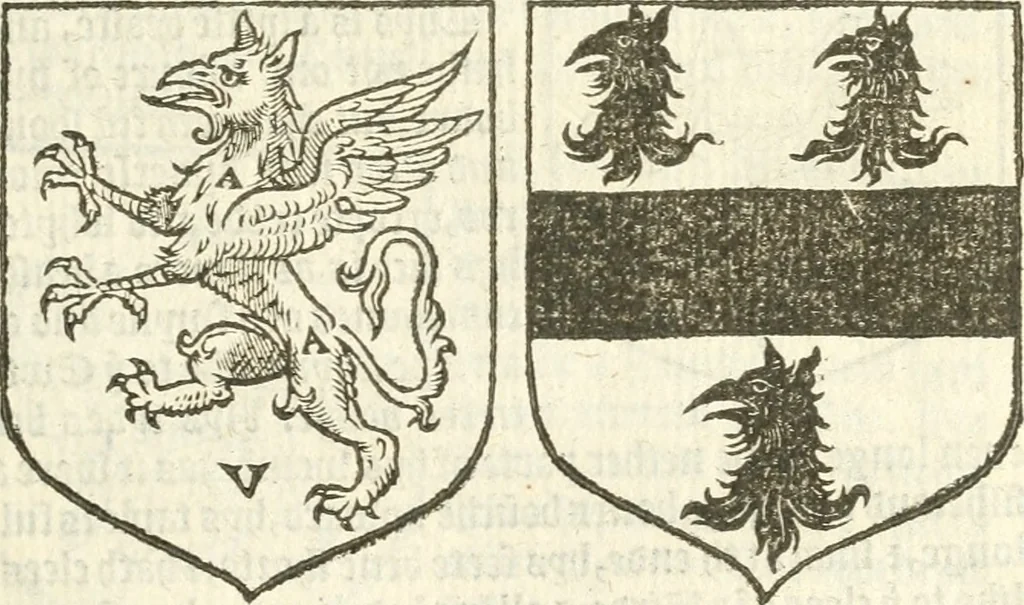 An illustration from Workes of armorie : deuyded into three bookes, entituled, the Concordes of armorie, the Armorie of honor, and of Coates and creastes, 1572, leaf 116