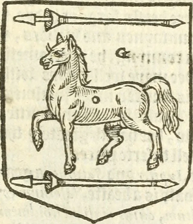 An illustration from Workes of armorie : deuyded into three bookes, entituled, the Concordes of armorie, the Armorie of honor, and of Coates and creastes, 1572, leaf 128