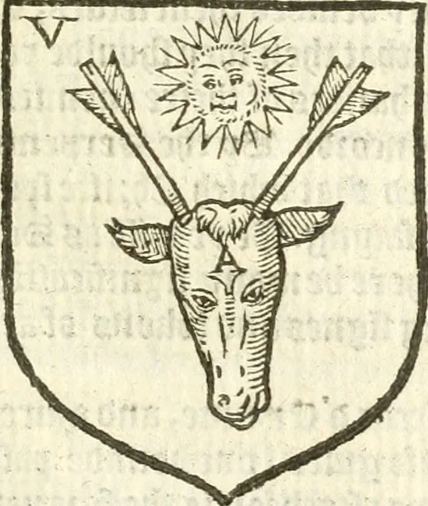 An illustration from Workes of armorie : deuyded into three bookes, entituled, the Concordes of armorie, the Armorie of honor, and of Coates and creastes, 1572, leaf 208