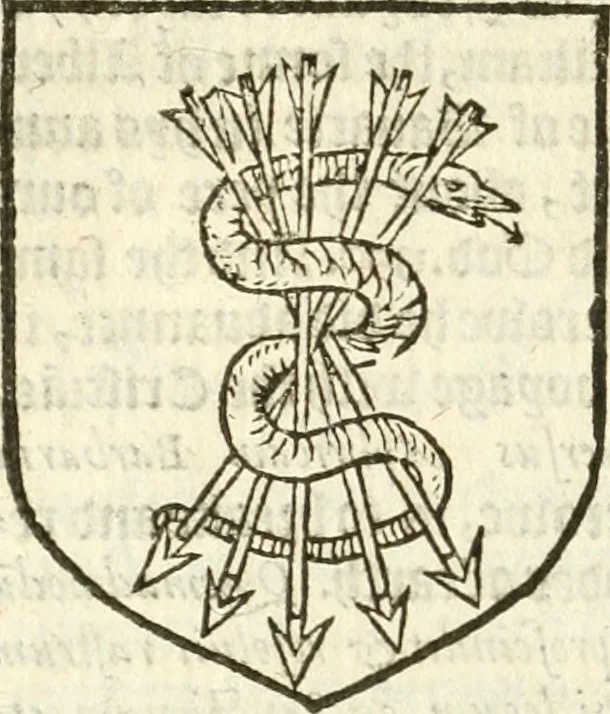 An illustration from Workes of armorie : deuyded into three bookes, entituled, the Concordes of armorie, the Armorie of honor, and of Coates and creastes, 1572, leaf 209