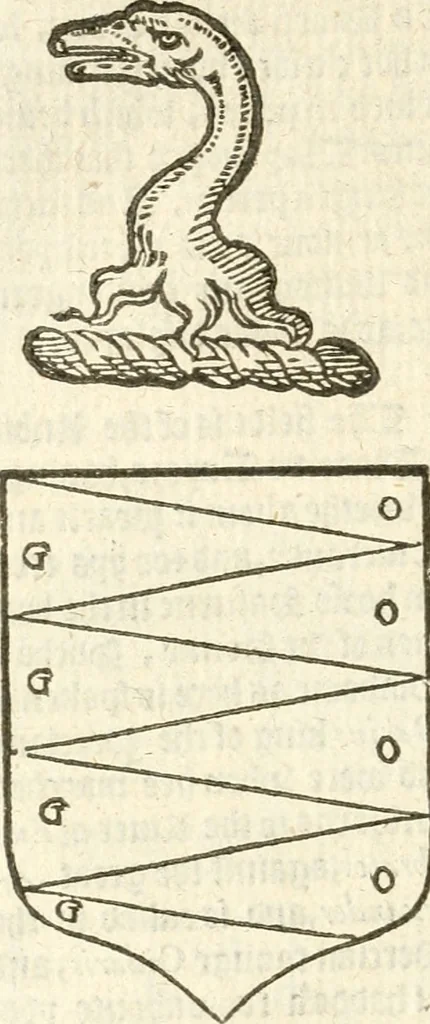 An illustration from Workes of armorie : deuyded into three bookes, entituled, the Concordes of armorie, the Armorie of honor, and of Coates and creastes, 1572, leaf 217