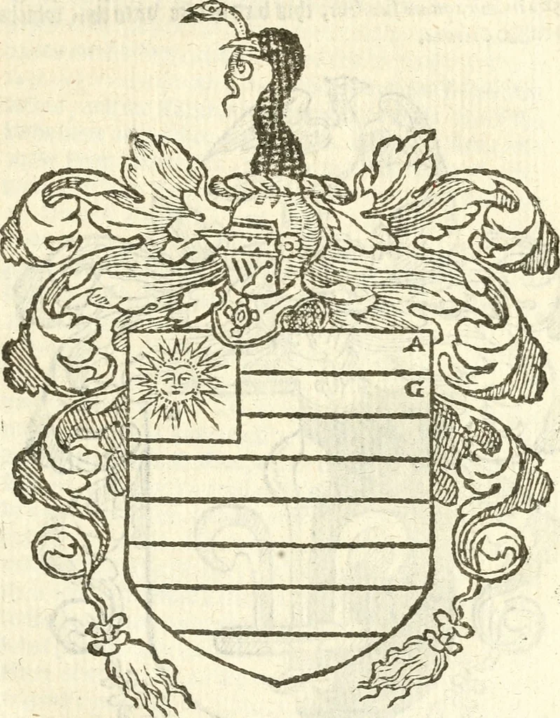 An illustration from Workes of armorie : deuyded into three bookes, entituled, the Concordes of armorie, the Armorie of honor, and of Coates and creastes, 1572, leaf 220