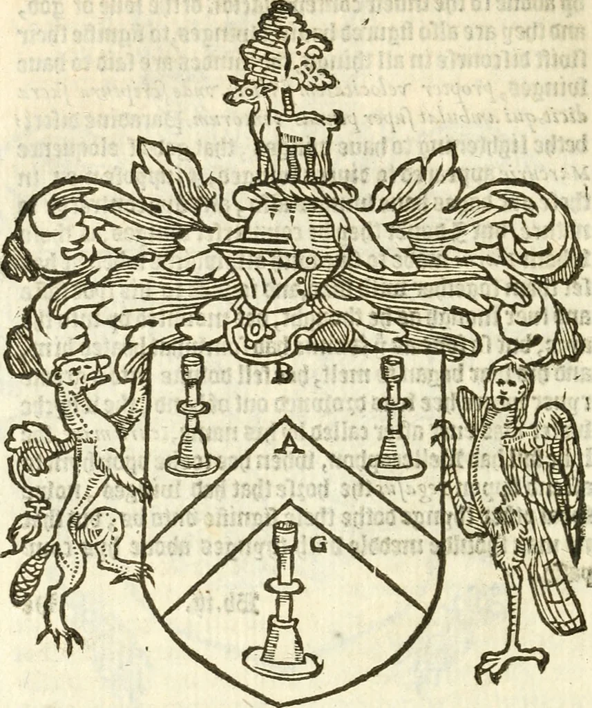 An illustration from Workes of armorie : deuyded into three bookes, entituled, the Concordes of armorie, the Armorie of honor, and of Coates and creastes, 1572, leaf 235