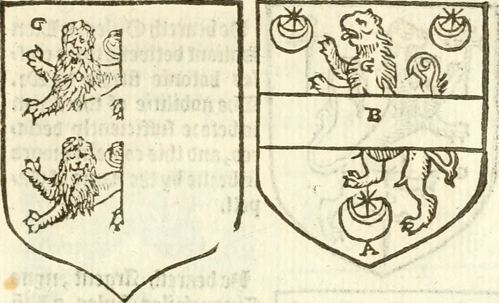 An illustration from Workes of armorie : deuyded into three bookes, entituled, the Concordes of armorie, the Armorie of honor, and of Coates and creastes, 1572, leaf 240