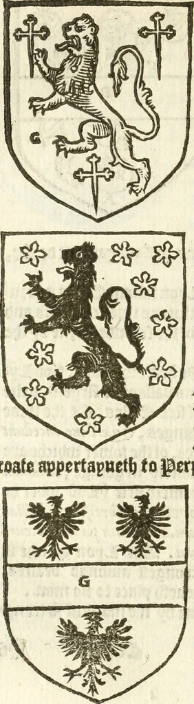 An illustration from Workes of armorie : deuyded into three bookes, entituled, the Concordes of armorie, the Armorie of honor, and of Coates and creastes, 1572, leaf 241