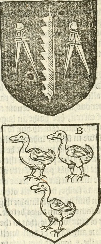 An illustration from Workes of armorie : deuyded into three bookes, entituled, the Concordes of armorie, the Armorie of honor, and of Coates and creastes, 1572, leaf 249