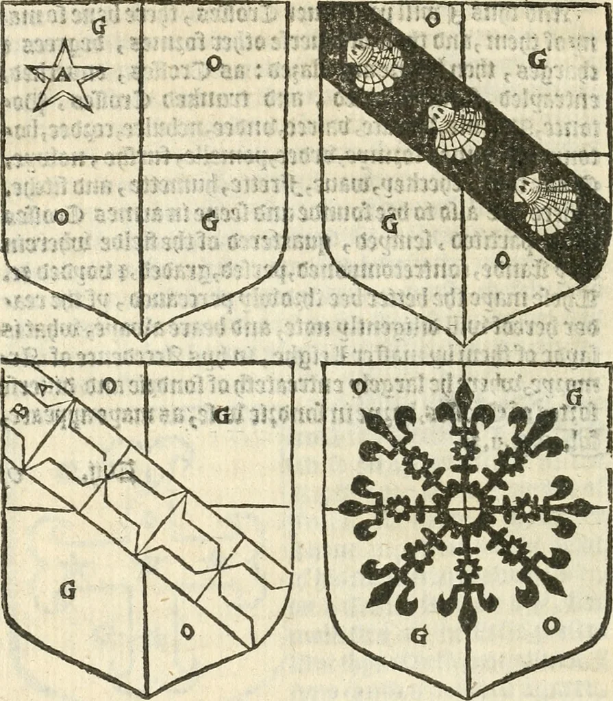 An illustration from Workes of armorie : deuyded into three bookes, entituled, the Concordes of armorie, the Armorie of honor, and of Coates and creastes, 1572, leaf 65