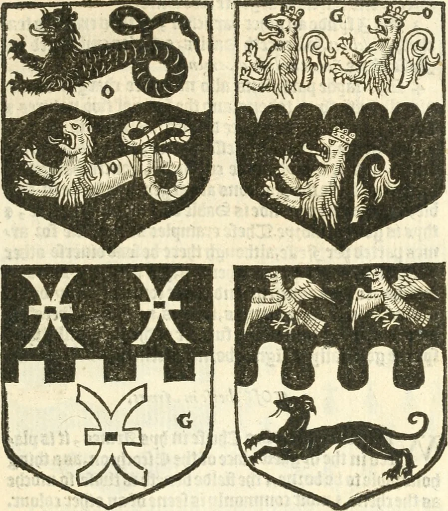 An illustration from Workes of armorie : deuyded into three bookes, entituled, the Concordes of armorie, the Armorie of honor, and of Coates and creastes, 1572, leaf 70