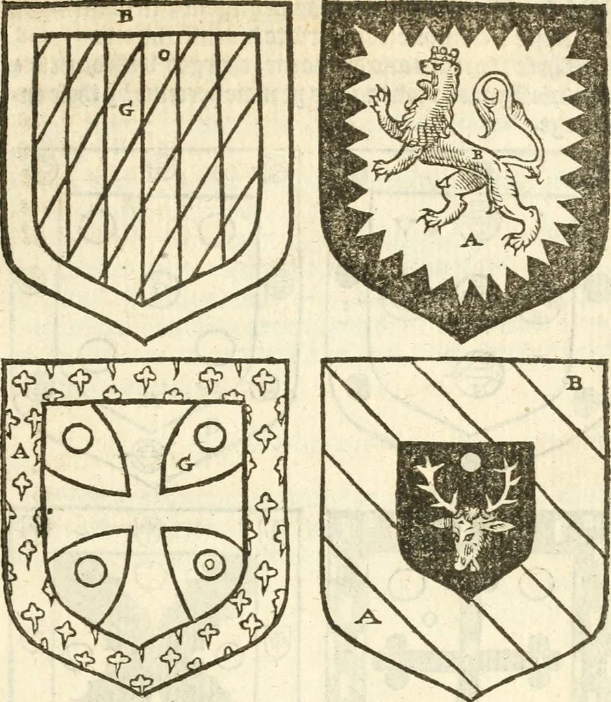An illustration from Workes of armorie : deuyded into three bookes, entituled, the Concordes of armorie, the Armorie of honor, and of Coates and creastes, 1572, leaf 86