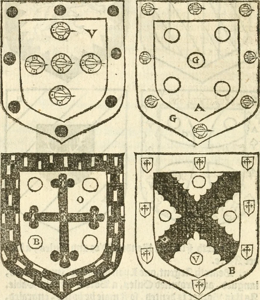 An illustration from Workes of armorie : deuyded into three bookes, entituled, the Concordes of armorie, the Armorie of honor, and of Coates and creastes, 1572, leaf 87