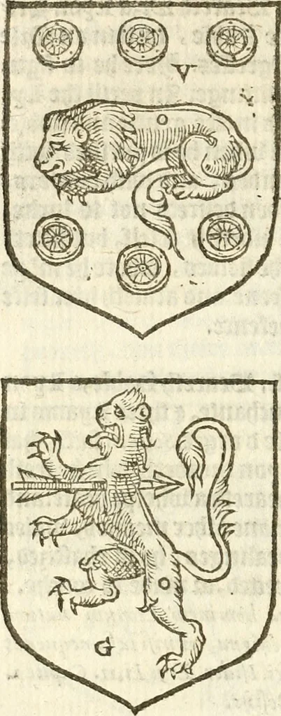 An illustration from Workes of armorie : deuyded into three bookes, entituled, the Concordes of armorie, the Armorie of honor, and of Coates and creastes, 1572, leaf 99