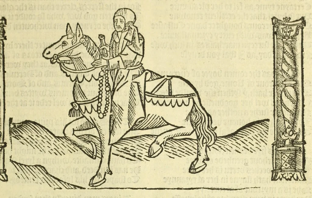 An illustration from The workes of Geffray Chaucer : newlye printed, wyth dyuers workes whych were neuer in print before : as in the table more playnly doth appere, 1542, leaf 63