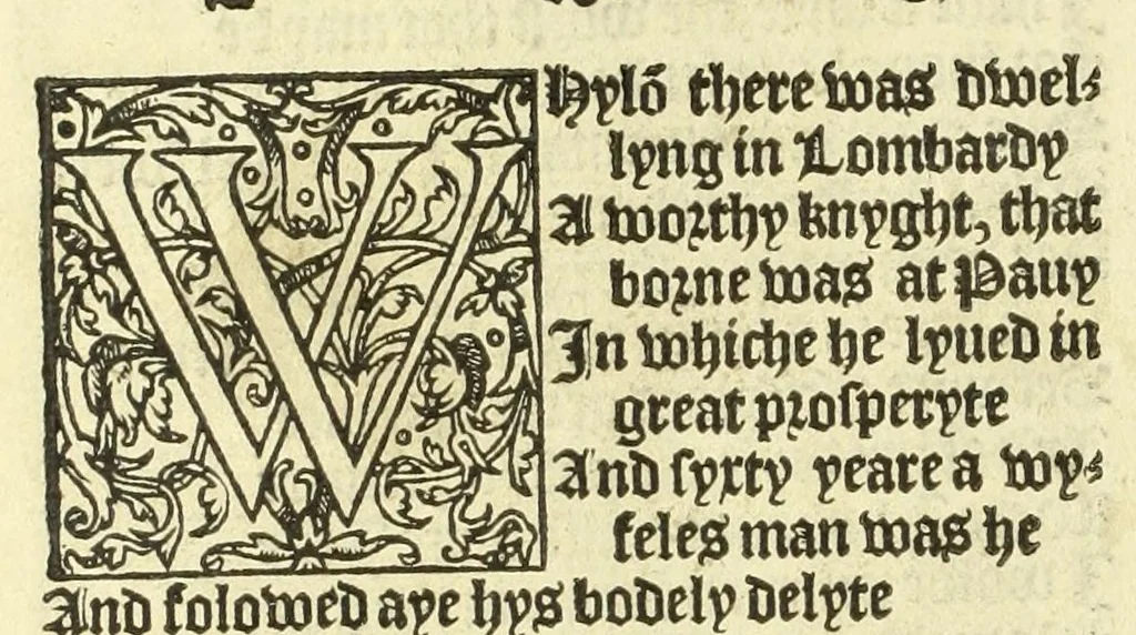 An illustration from The workes of Geffray Chaucer : newlye printed, wyth dyuers workes whych were neuer in print before : as in the table more playnly doth appere, 1542, leaf 84