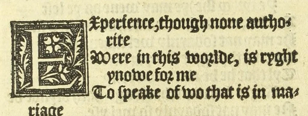 An illustration from The workes of Geffray Chaucer : newlye printed, wyth dyuers workes whych were neuer in print before : as in the table more playnly doth appere, 1542, leaf 96