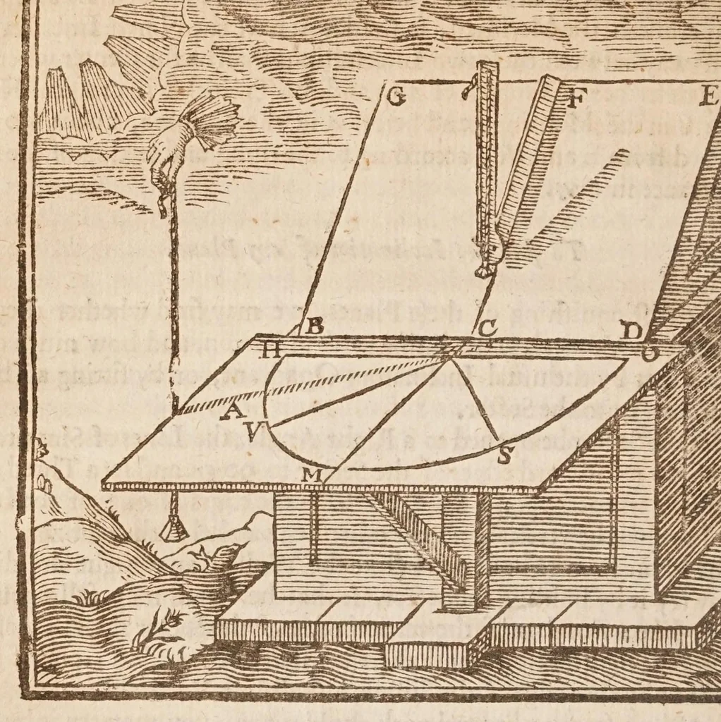 An illustration from The works of Edmund Gunter : containing the description and use of the sector, cross-staff, bow, quadrant, and other instruments : with a canon of artificial sines and tangents to a radius of 10.00000 parts, and the logarithms from an unite to 10000 : the uses whereof are illustrated in the practice of arithmetick, geometry, astronomy, navigation, dialling, and fortifcation : and some questions in navigation added by Mr. Henry Bond ... : to which is added, the description and use of another sector and quadrant, both of them invented by Mr. Sam. Foster ..., furnished with more lines, and differing from those of Mr. Gunters both in form and manner of working. --, 1673, leaf 354