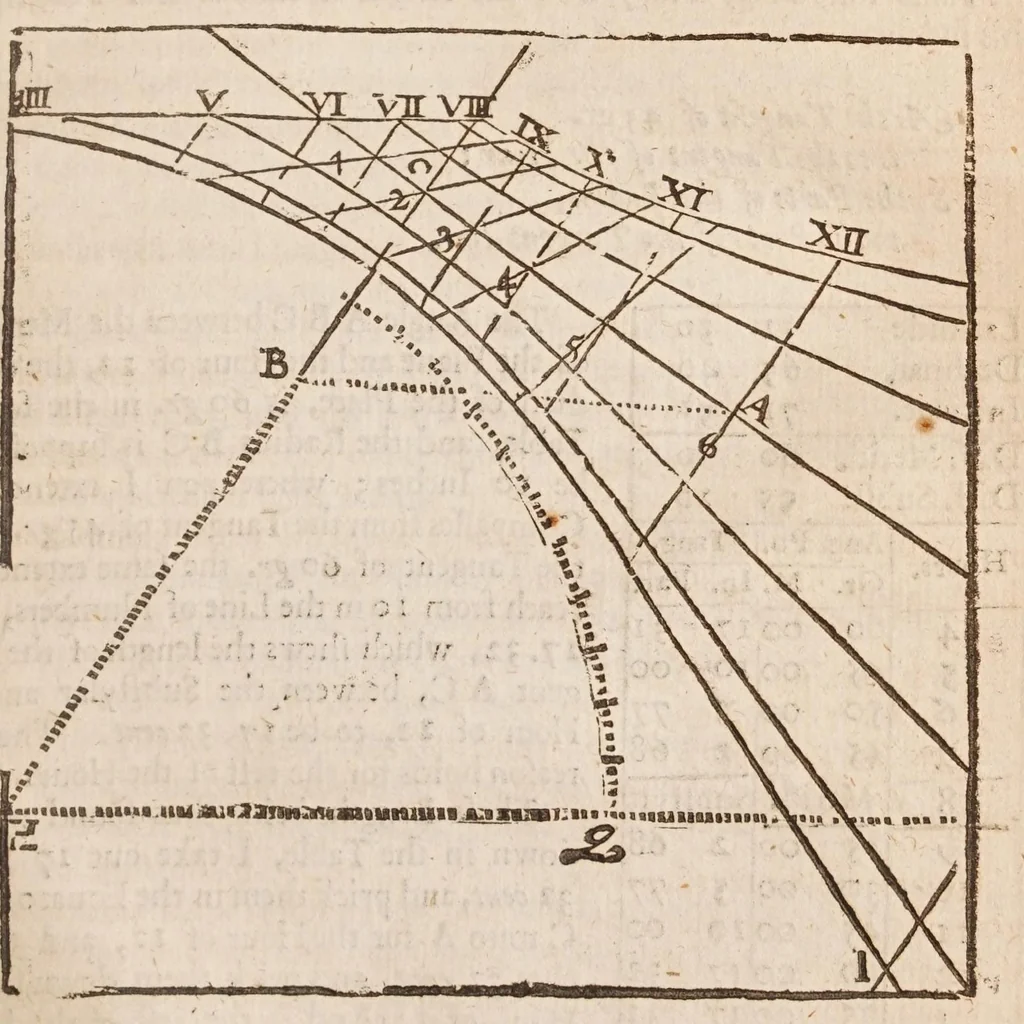An illustration from The works of Edmund Gunter : containing the description and use of the sector, cross-staff, bow, quadrant, and other instruments : with a canon of artificial sines and tangents to a radius of 10.00000 parts, and the logarithms from an unite to 10000 : the uses whereof are illustrated in the practice of arithmetick, geometry, astronomy, navigation, dialling, and fortifcation : and some questions in navigation added by Mr. Henry Bond ... : to which is added, the description and use of another sector and quadrant, both of them invented by Mr. Sam. Foster ..., furnished with more lines, and differing from those of Mr. Gunters both in form and manner of working. --, 1673, leaf 393