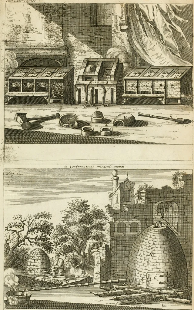 An illustration from The works of the highly experienced and famous chymist, John Rudolph Glauber : containing, great variety of choice secrets in medicine and alchymy in the working of metallick mines, and the separation of metals : also, various cheap and easie ways of making salt-petre, and improving of barren-land, and the fruits of the earth : together with many other things very profitable for all the lovers of art and industry, 1689, leaf 214