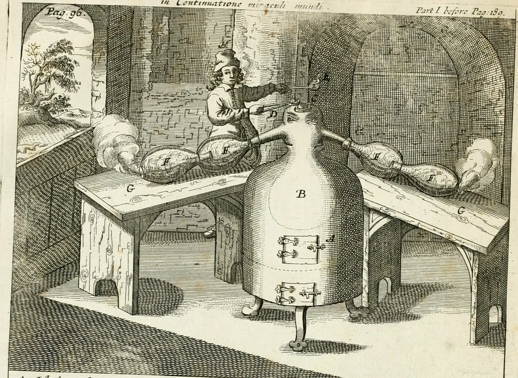An illustration from The works of the highly experienced and famous chymist, John Rudolph Glauber : containing, great variety of choice secrets in medicine and alchymy in the working of metallick mines, and the separation of metals : also, various cheap and easie ways of making salt-petre, and improving of barren-land, and the fruits of the earth : together with many other things very profitable for all the lovers of art and industry, 1689, leaf 217