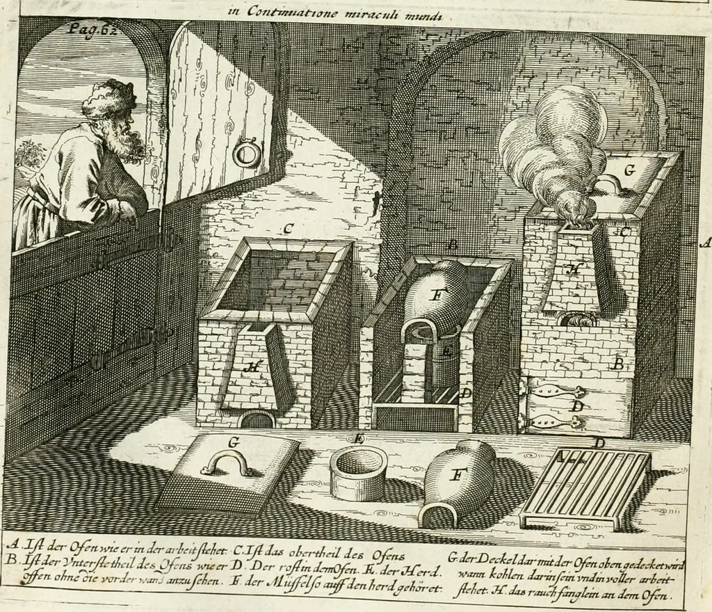 An illustration from The works of the highly experienced and famous chymist, John Rudolph Glauber : containing, great variety of choice secrets in medicine and alchymy in the working of metallick mines, and the separation of metals : also, various cheap and easie ways of making salt-petre, and improving of barren-land, and the fruits of the earth : together with many other things very profitable for all the lovers of art and industry, 1689, leaf 217
