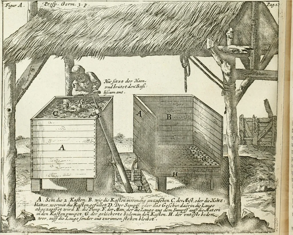 An illustration from The works of the highly experienced and famous chymist, John Rudolph Glauber : containing, great variety of choice secrets in medicine and alchymy in the working of metallick mines, and the separation of metals : also, various cheap and easie ways of making salt-petre, and improving of barren-land, and the fruits of the earth : together with many other things very profitable for all the lovers of art and industry, 1689, leaf 371