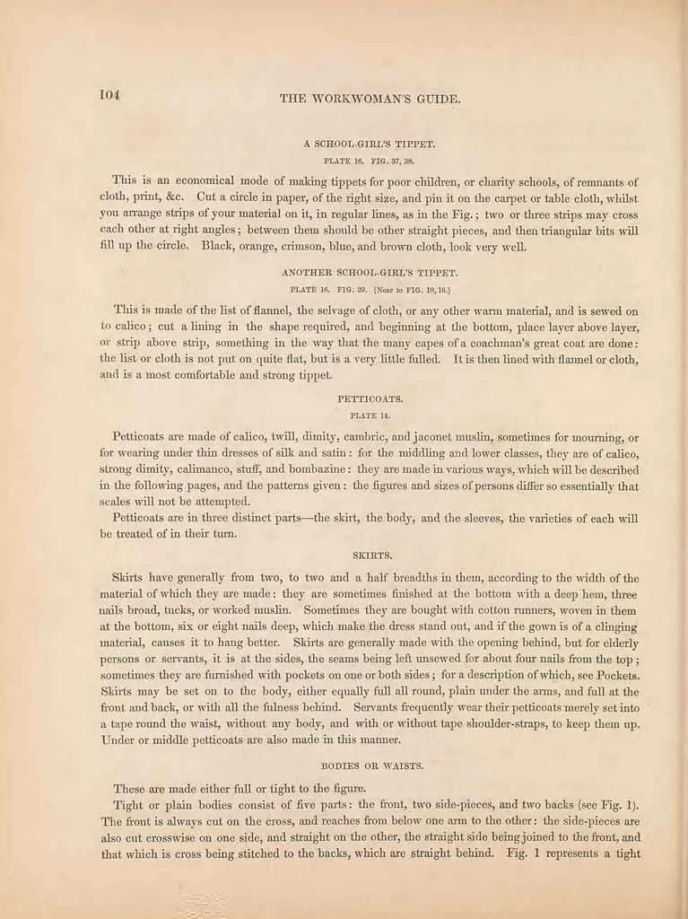 An illustration from The workwoman's guide : containing instructions to the inexperienced in cutting out and completing those articles of wearing apparel, &c. which are ususally made at home : also, explanations on upholstery, straw- platting, bonnet-making, knitting, &c., 1838, leaf 144