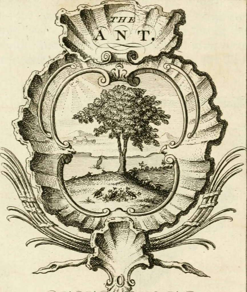 An illustration from Writing and drawing made easy, amusing and instructive : containing the whole alphabet in all the characters now us'd, both in printing and penmanship : each illustrated by emblematic devices and moral copies : calculated for the user of schools and curiously engraved by the best hands ..., 1750, leaf 15