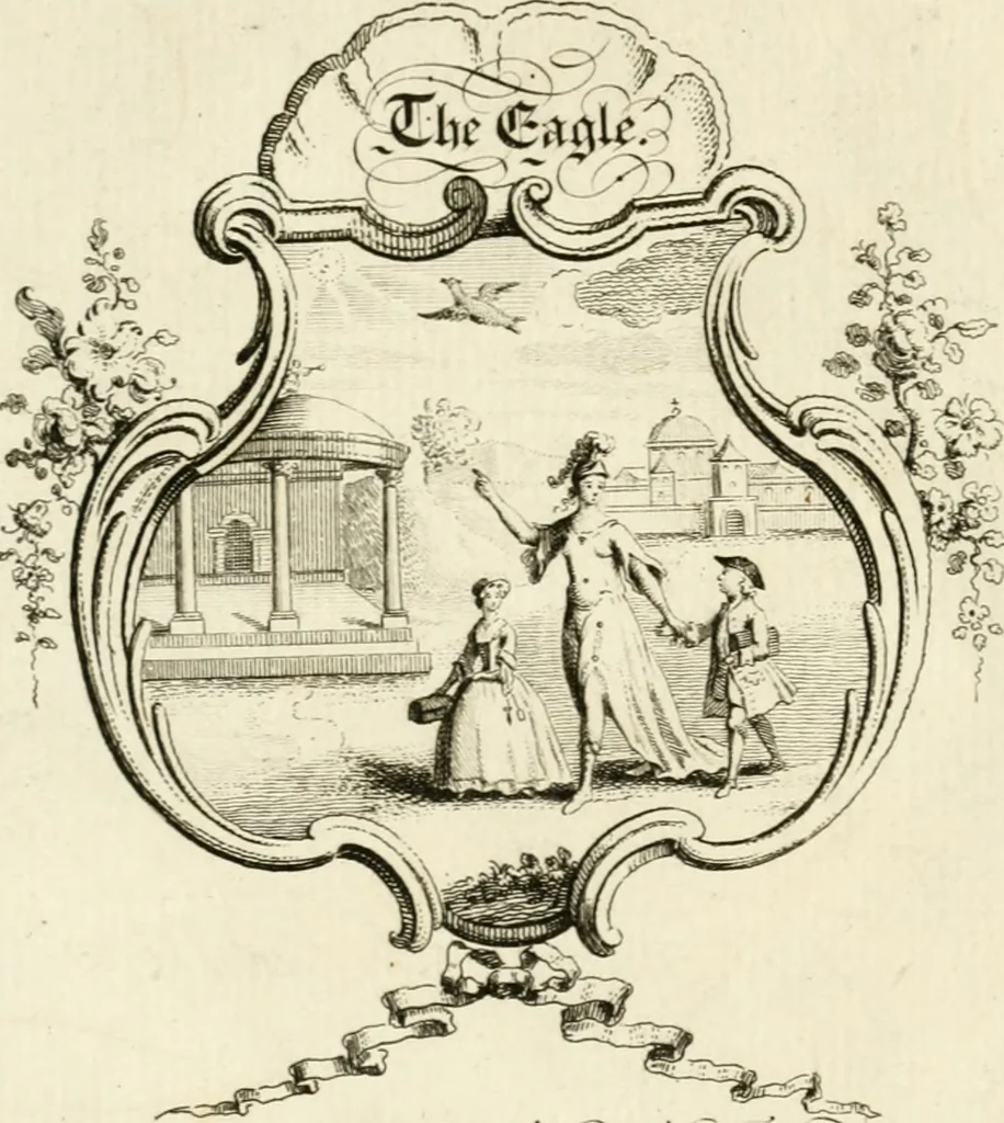 An illustration from Writing and drawing made easy, amusing and instructive : containing the whole alphabet in all the characters now us'd, both in printing and penmanship : each illustrated by emblematic devices and moral copies : calculated for the user of schools and curiously engraved by the best hands ..., 1750, leaf 31