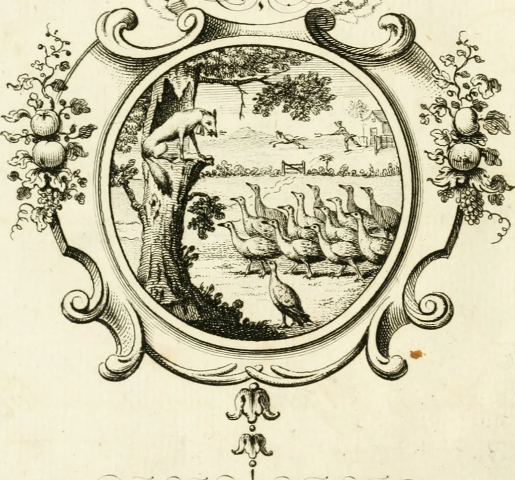An illustration from Writing and drawing made easy, amusing and instructive : containing the whole alphabet in all the characters now us'd, both in printing and penmanship : each illustrated by emblematic devices and moral copies : calculated for the user of schools and curiously engraved by the best hands ..., 1750, leaf 35
