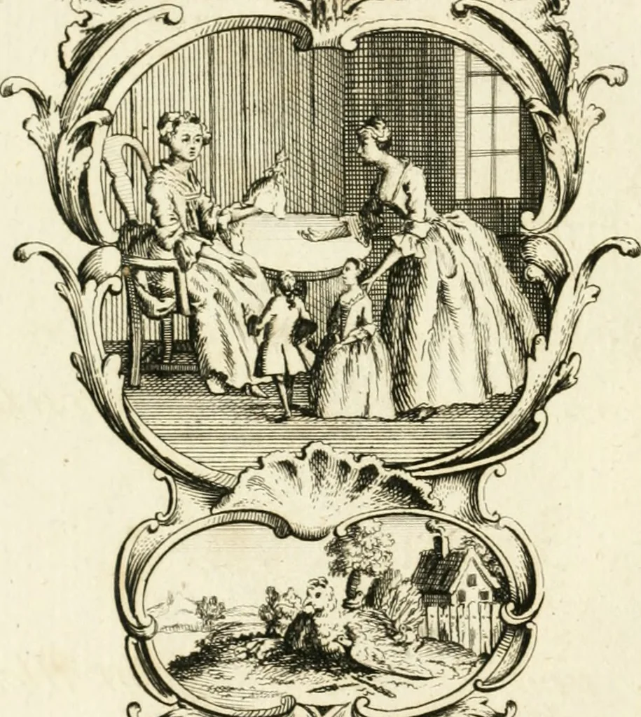 An illustration from Writing and drawing made easy, amusing and instructive : containing the whole alphabet in all the characters now us'd, both in printing and penmanship : each illustrated by emblematic devices and moral copies : calculated for the user of schools and curiously engraved by the best hands ..., 1750, leaf 43
