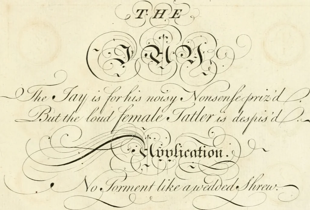 An illustration from Writing and drawing made easy, amusing and instructive : containing the whole alphabet in all the characters now us'd, both in printing and penmanship : each illustrated by emblematic devices and moral copies : calculated for the user of schools and curiously engraved by the best hands ..., 1750, leaf 48