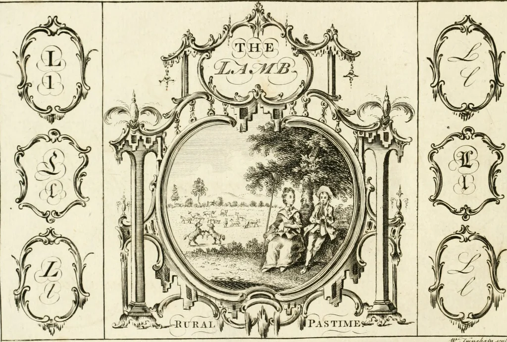 An illustration from Writing and drawing made easy, amusing and instructive : containing the whole alphabet in all the characters now us'd, both in printing and penmanship : each illustrated by emblematic devices and moral copies : calculated for the user of schools and curiously engraved by the best hands ..., 1750, leaf 55
