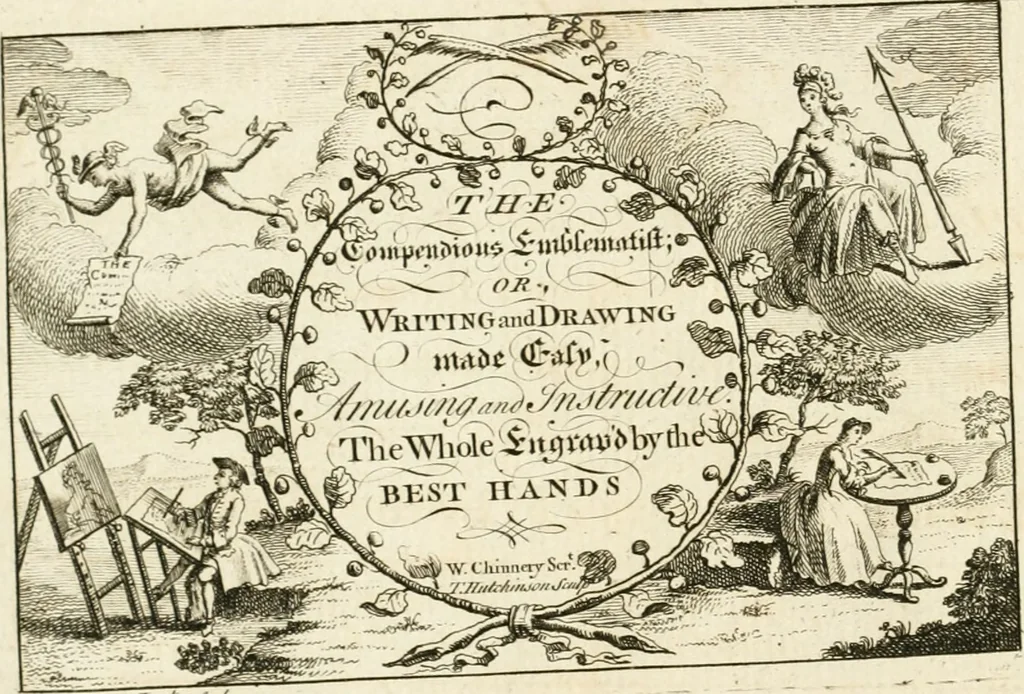 An illustration from Writing and drawing made easy, amusing and instructive : containing the whole alphabet in all the characters now us'd, both in printing and penmanship : each illustrated by emblematic devices and moral copies : calculated for the user of schools and curiously engraved by the best hands ..., 1750, leaf 7