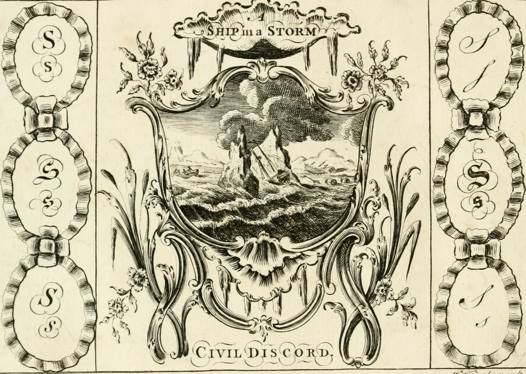 An illustration from Writing and drawing made easy, amusing and instructive : containing the whole alphabet in all the characters now us'd, both in printing and penmanship : each illustrated by emblematic devices and moral copies : calculated for the user of schools and curiously engraved by the best hands ..., 1750, leaf 83