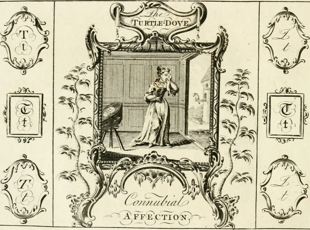 An illustration from Writing and drawing made easy, amusing and instructive : containing the whole alphabet in all the characters now us'd, both in printing and penmanship : each illustrated by emblematic devices and moral copies : calculated for the user of schools and curiously engraved by the best hands ..., 1750, leaf 87