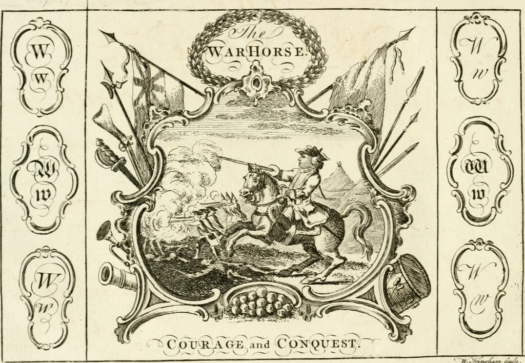 An illustration from Writing and drawing made easy, amusing and instructive : containing the whole alphabet in all the characters now us'd, both in printing and penmanship : each illustrated by emblematic devices and moral copies : calculated for the user of schools and curiously engraved by the best hands ..., 1750, leaf 95