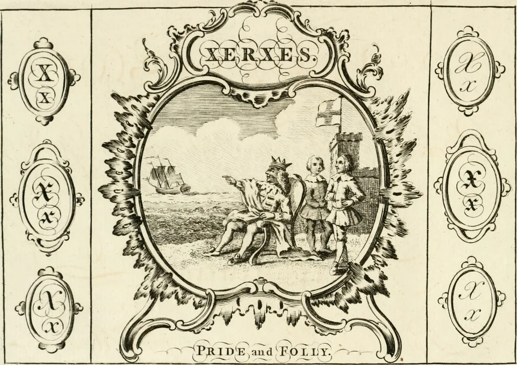 An illustration from Writing and drawing made easy, amusing and instructive : containing the whole alphabet in all the characters now us'd, both in printing and penmanship : each illustrated by emblematic devices and moral copies : calculated for the user of schools and curiously engraved by the best hands ..., 1750, leaf 99