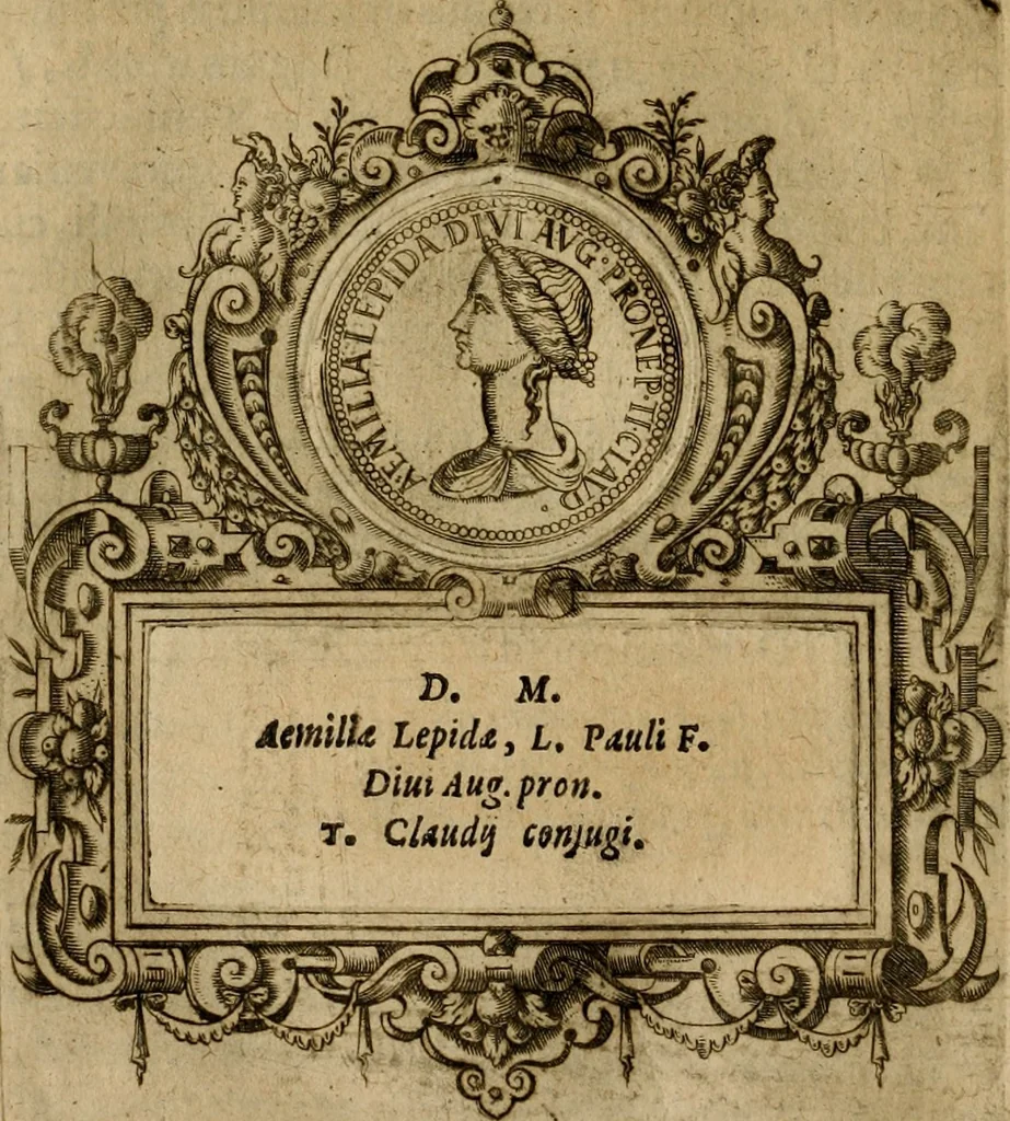 An illustration from XII. primorvm Caesarvm et LXIIII ipsorvm vxorvm et parentum ex antiquis numismatibus, in aere incisae, effigies : atque eorundem earundemque vitae & res gestae, ex varijs authoribus collectae per Levinvm Hvlsivm .., 1597, leaf 107