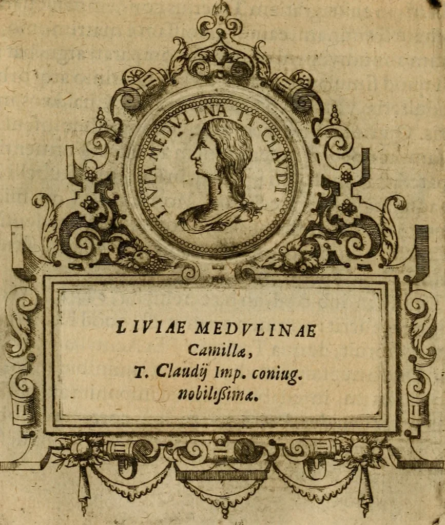 An illustration from XII. primorvm Caesarvm et LXIIII ipsorvm vxorvm et parentum ex antiquis numismatibus, in aere incisae, effigies : atque eorundem earundemque vitae & res gestae, ex varijs authoribus collectae per Levinvm Hvlsivm .., 1597, leaf 109
