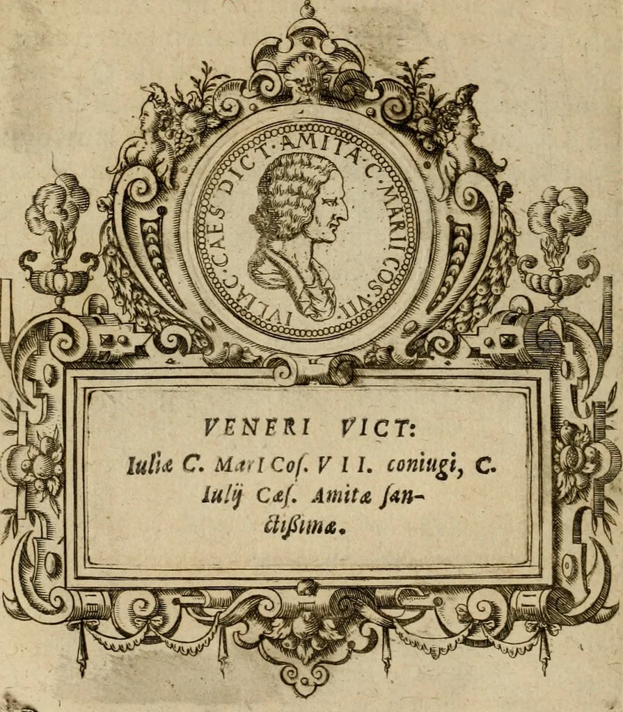 An illustration from XII. primorvm Caesarvm et LXIIII ipsorvm vxorvm et parentum ex antiquis numismatibus, in aere incisae, effigies : atque eorundem earundemque vitae & res gestae, ex varijs authoribus collectae per Levinvm Hvlsivm .., 1597, leaf 11