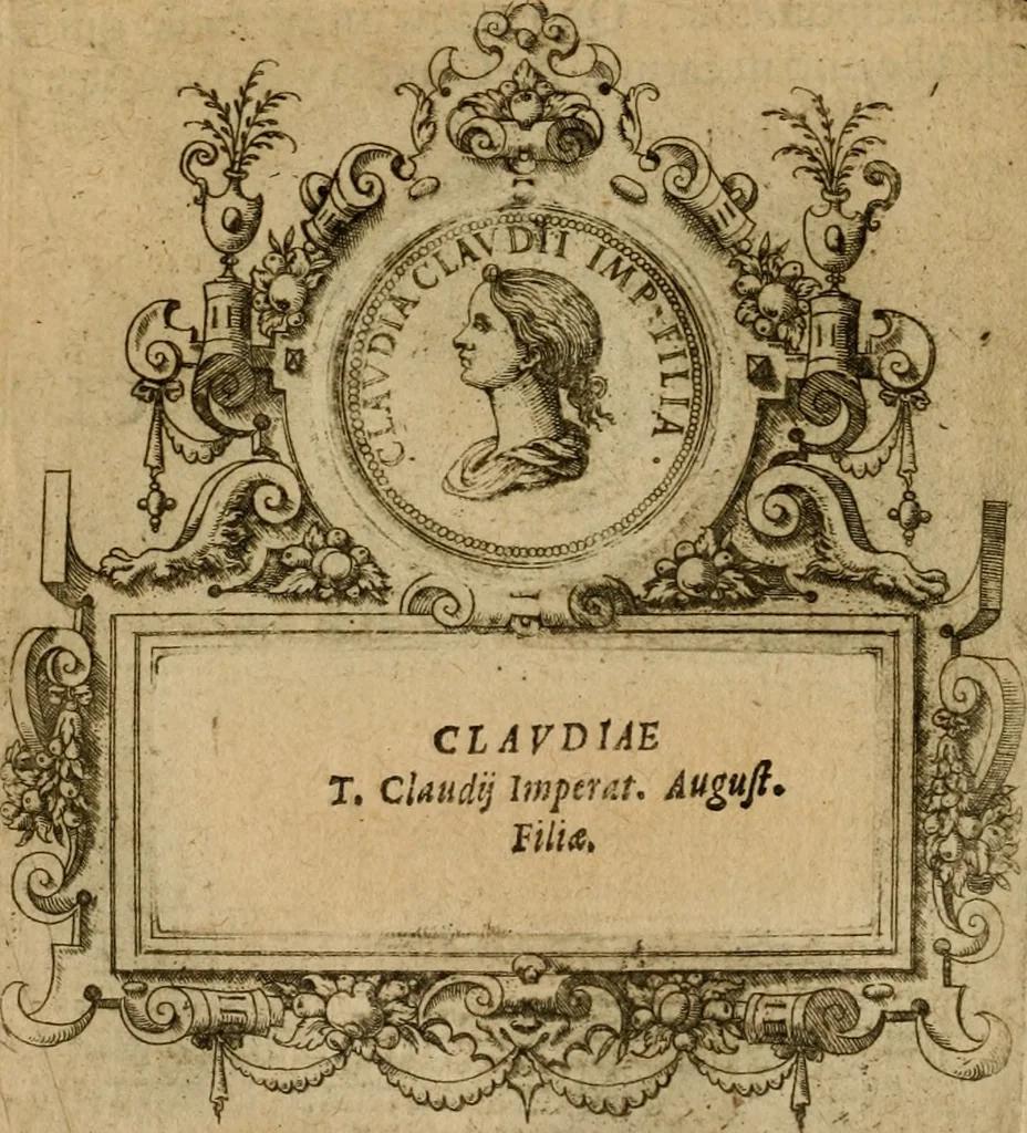An illustration from XII. primorvm Caesarvm et LXIIII ipsorvm vxorvm et parentum ex antiquis numismatibus, in aere incisae, effigies : atque eorundem earundemque vitae & res gestae, ex varijs authoribus collectae per Levinvm Hvlsivm .., 1597, leaf 113
