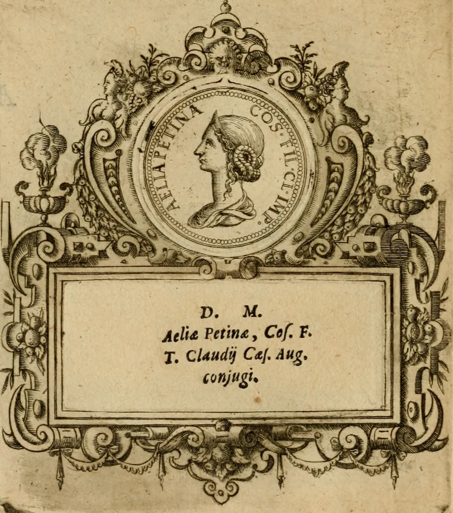 An illustration from XII. primorvm Caesarvm et LXIIII ipsorvm vxorvm et parentum ex antiquis numismatibus, in aere incisae, effigies : atque eorundem earundemque vitae & res gestae, ex varijs authoribus collectae per Levinvm Hvlsivm .., 1597, leaf 115