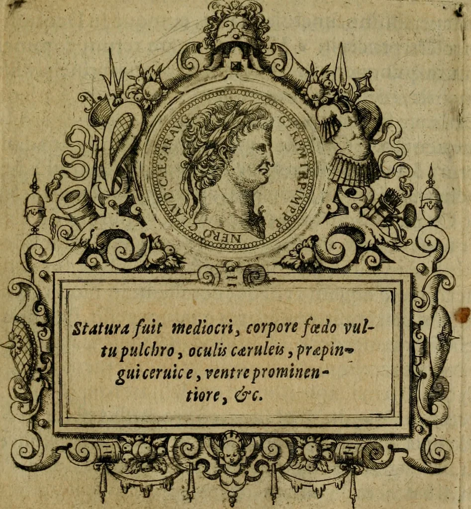 An illustration from XII. primorvm Caesarvm et LXIIII ipsorvm vxorvm et parentum ex antiquis numismatibus, in aere incisae, effigies : atque eorundem earundemque vitae & res gestae, ex varijs authoribus collectae per Levinvm Hvlsivm .., 1597, leaf 132
