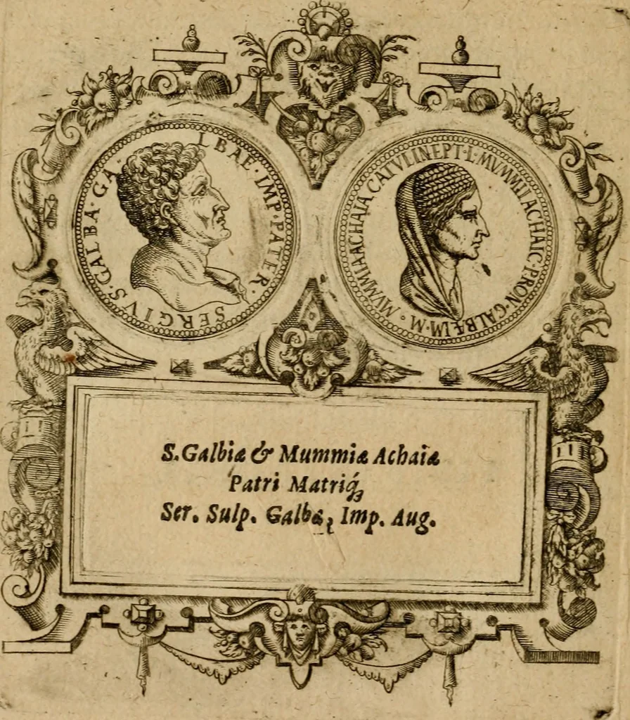An illustration from XII. primorvm Caesarvm et LXIIII ipsorvm vxorvm et parentum ex antiquis numismatibus, in aere incisae, effigies : atque eorundem earundemque vitae & res gestae, ex varijs authoribus collectae per Levinvm Hvlsivm .., 1597, leaf 149