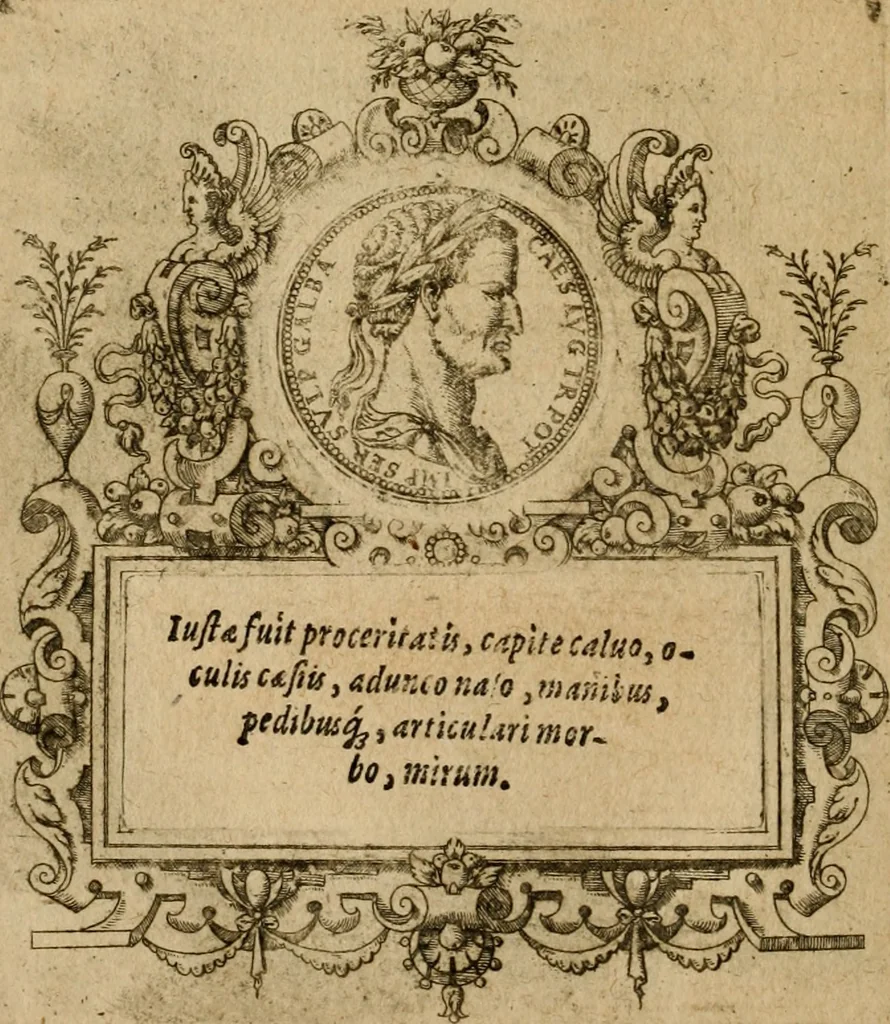 An illustration from XII. primorvm Caesarvm et LXIIII ipsorvm vxorvm et parentum ex antiquis numismatibus, in aere incisae, effigies : atque eorundem earundemque vitae & res gestae, ex varijs authoribus collectae per Levinvm Hvlsivm .., 1597, leaf 151