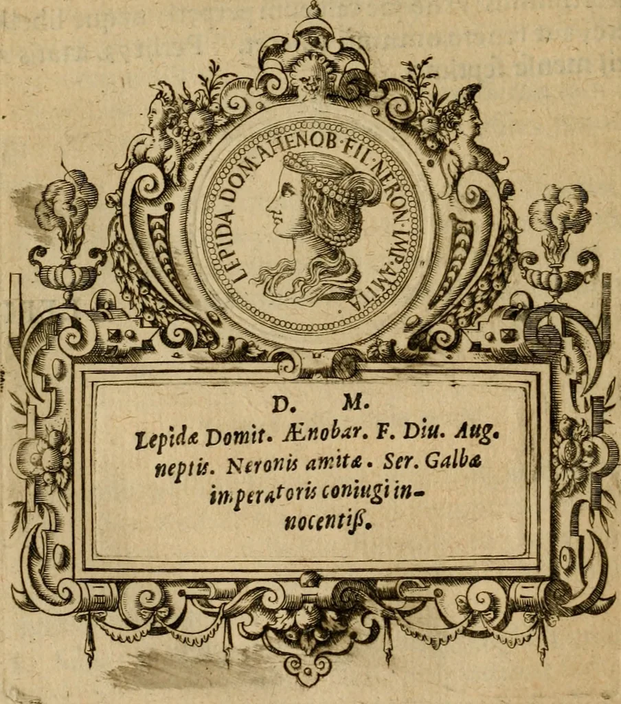 An illustration from XII. primorvm Caesarvm et LXIIII ipsorvm vxorvm et parentum ex antiquis numismatibus, in aere incisae, effigies : atque eorundem earundemque vitae & res gestae, ex varijs authoribus collectae per Levinvm Hvlsivm .., 1597, leaf 155