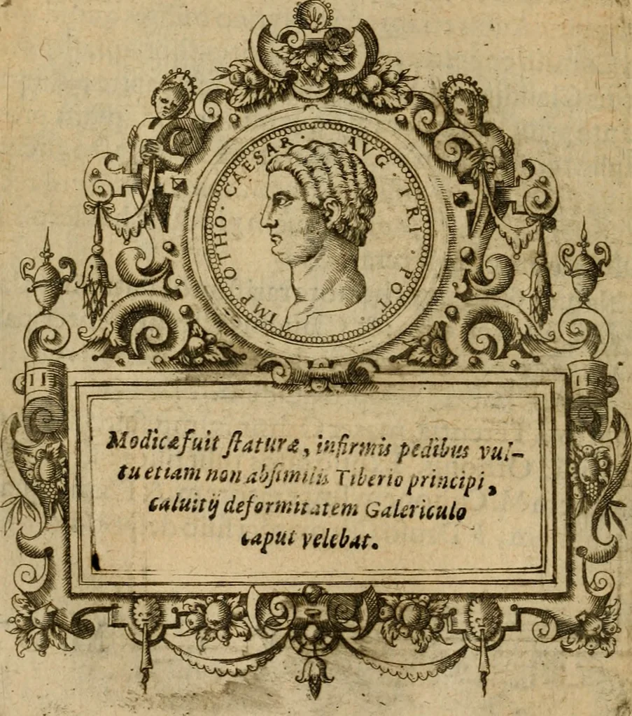 An illustration from XII. primorvm Caesarvm et LXIIII ipsorvm vxorvm et parentum ex antiquis numismatibus, in aere incisae, effigies : atque eorundem earundemque vitae & res gestae, ex varijs authoribus collectae per Levinvm Hvlsivm .., 1597, leaf 159